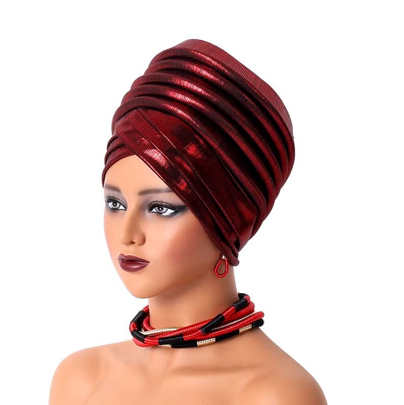 Women African Turban Gele Pleated Headwear Hat jehouze Wine Red