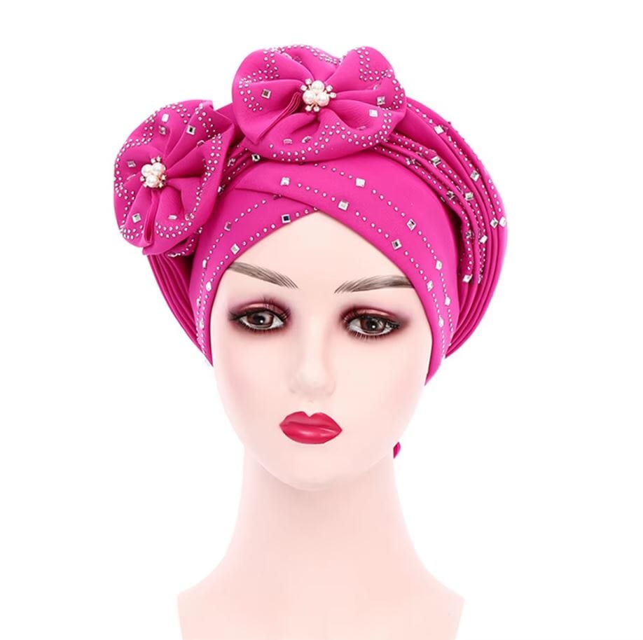 Women African Turban Nigerian Beads Stones Beanie Cap Headwear Hat jehouze Rose Red