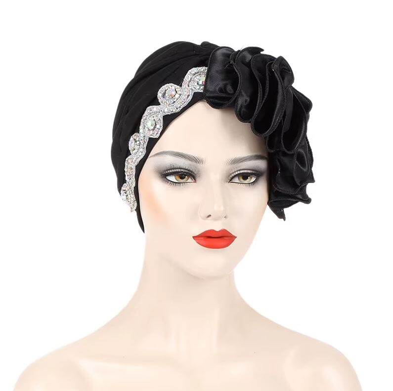 Women African Turban Satin Ruffled Pleated Wrap Headwear Hat jehouze Black