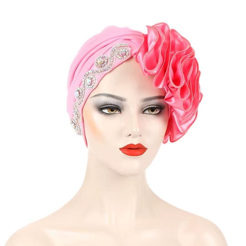 Women African Turban Satin Ruffled Pleated Wrap Headwear Hat jehouze Pink