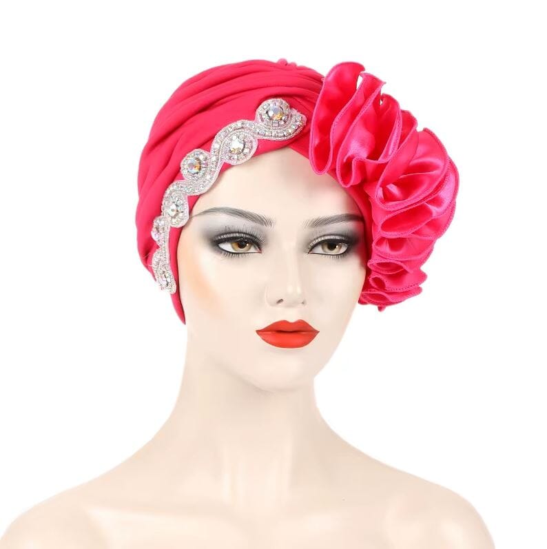 Women African Turban Satin Ruffled Pleated Wrap Headwear Hat jehouze Rose Red