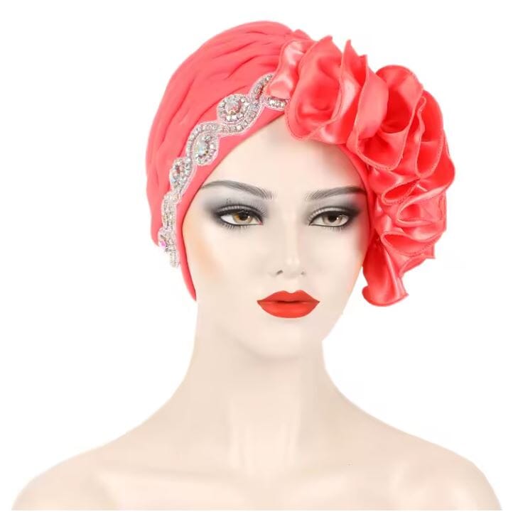Women African Turban Satin Ruffled Pleated Wrap Headwear Hat jehouze Watermelon Red