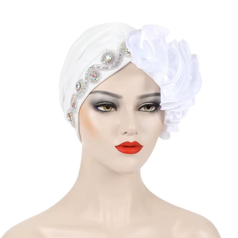 Women African Turban Satin Ruffled Pleated Wrap Headwear Hat jehouze White