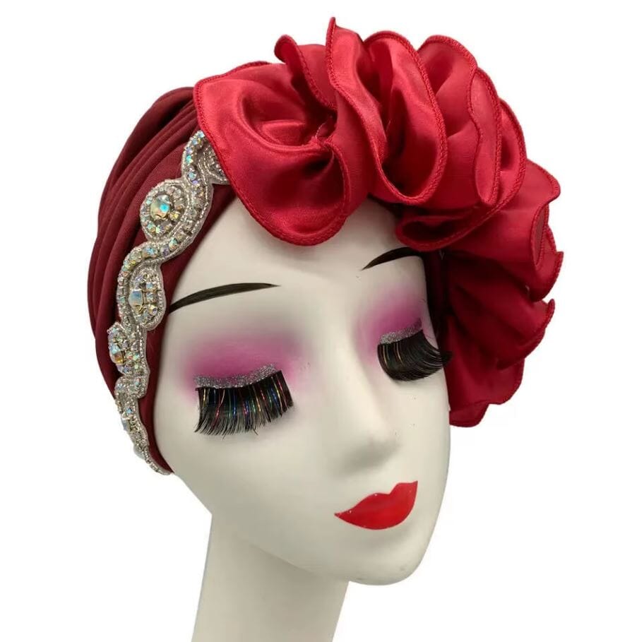 Women African Turban Satin Ruffled Pleated Wrap Headwear Hat jehouze Wine Red