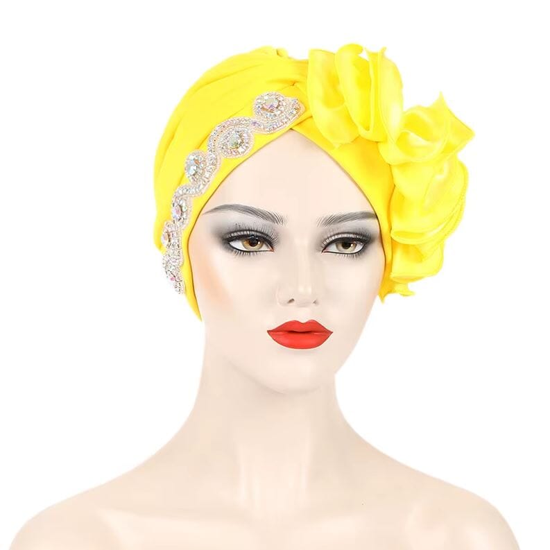 Women African Turban Satin Ruffled Pleated Wrap Headwear Hat jehouze Yellow