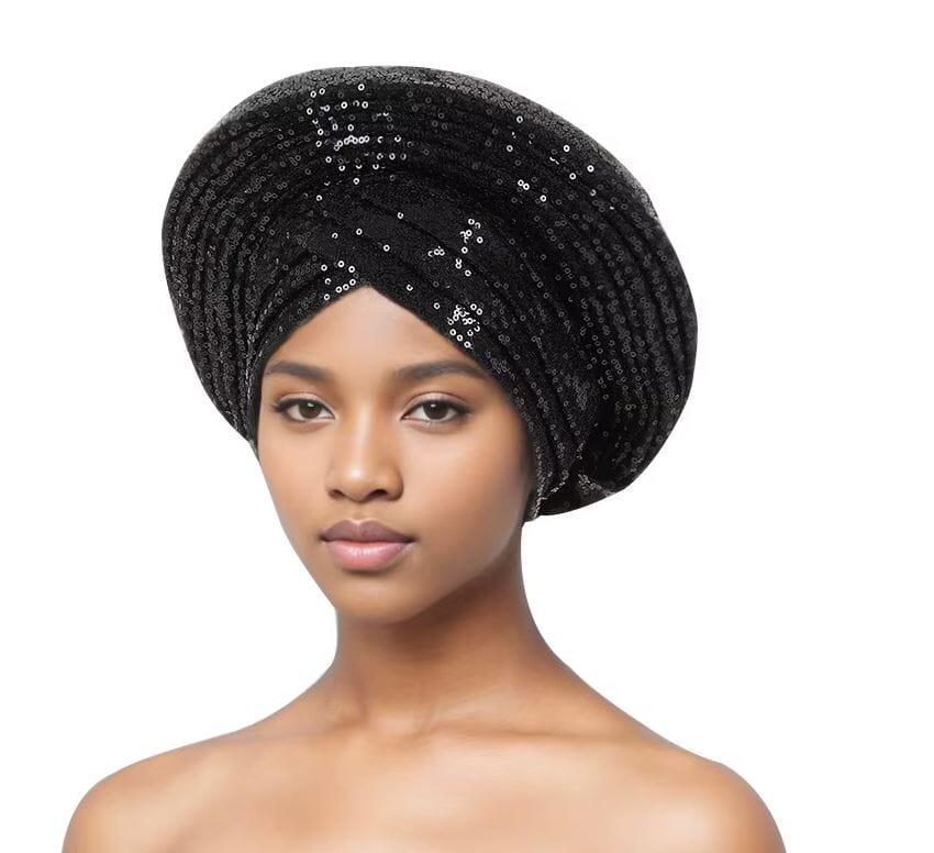 Women African Turban Sequin Nigeria Headwear Hat jehouze Black