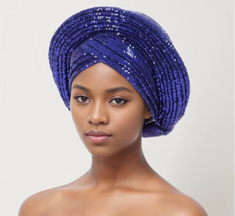 Women African Turban Sequin Nigeria Headwear Hat jehouze Royal Blue