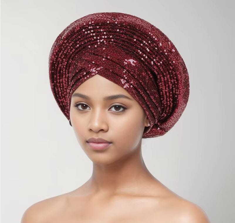 Women African Turban Sequin Nigeria Headwear Hat jehouze Wine Red