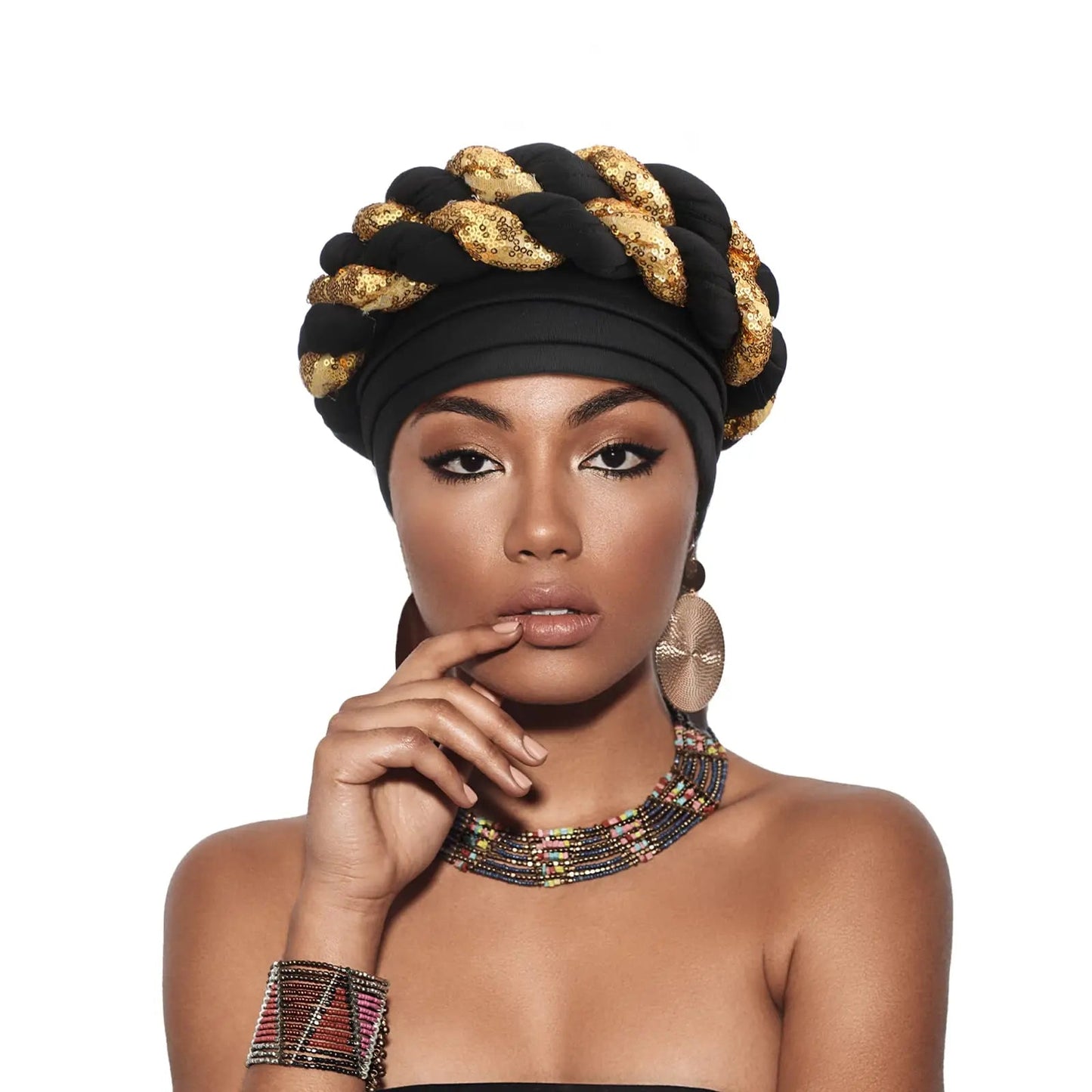 Women African Turban Sequins Scarf Beanie Cap Headwear Hat jehouze