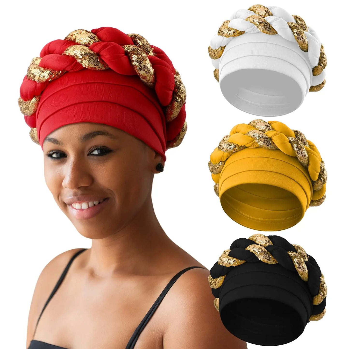 Women African Turban Sequins Scarf Beanie Cap Headwear Hat jehouze