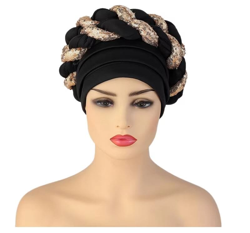 Women African Turban Sequins Scarf Beanie Cap Headwear Hat jehouze Black gold