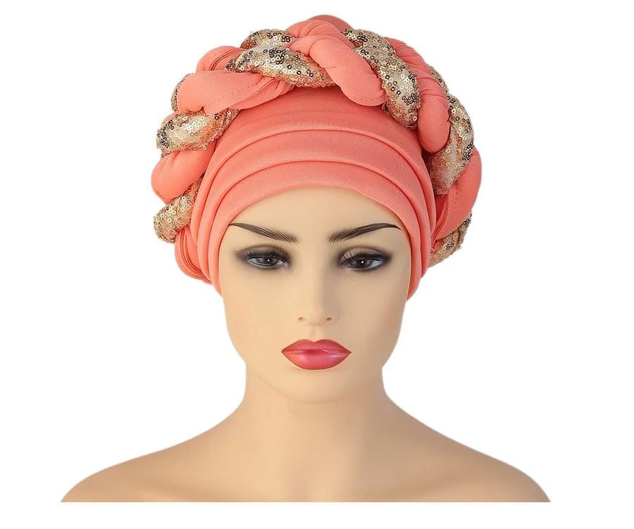 Women African Turban Sequins Scarf Beanie Cap Headwear Hat jehouze Coral Gold