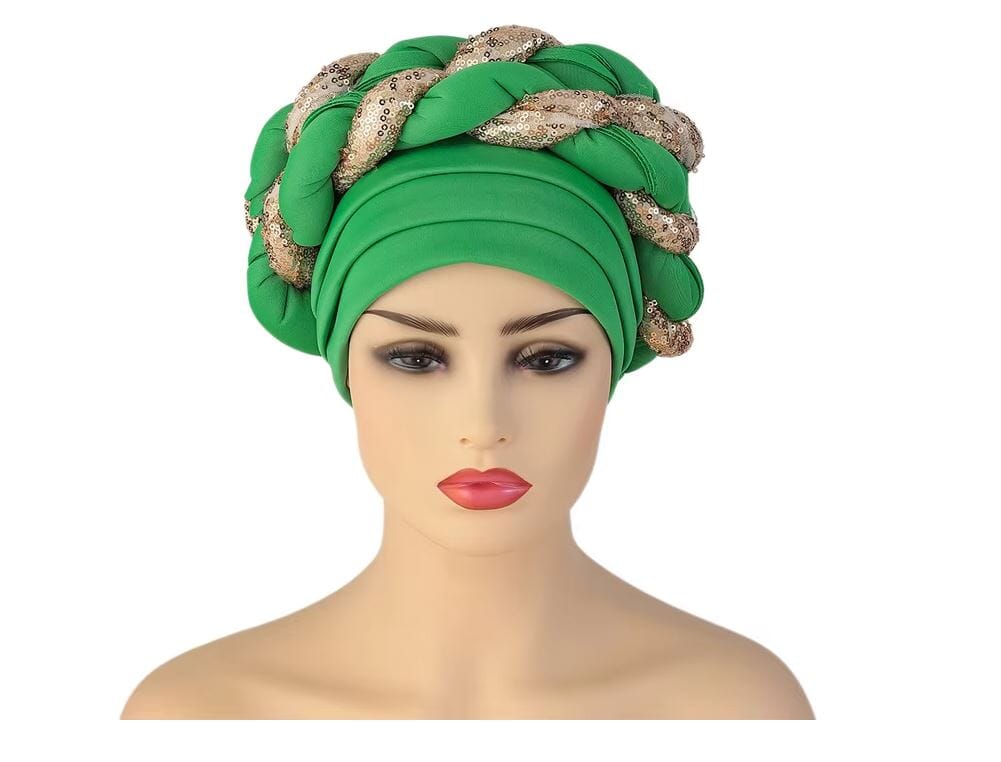 Women African Turban Sequins Scarf Beanie Cap Headwear Hat jehouze Green Gold