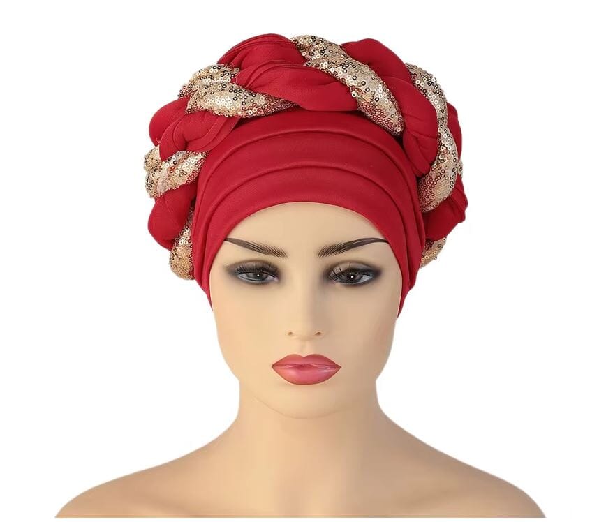 Women African Turban Sequins Scarf Beanie Cap Headwear Hat jehouze Red Gold