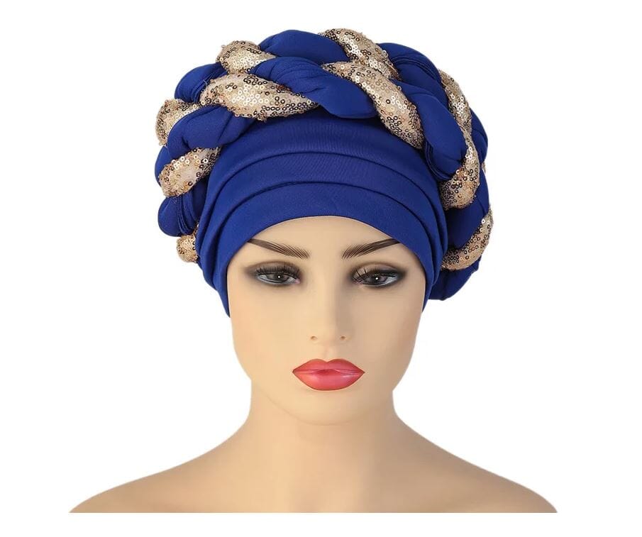 Women African Turban Sequins Scarf Beanie Cap Headwear Hat jehouze Royal Blue Gold