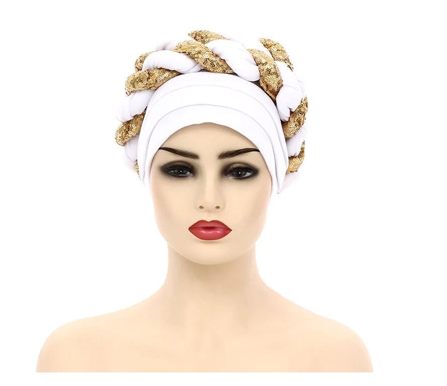 Women African Turban Sequins Scarf Beanie Cap Headwear Hat jehouze White Gold