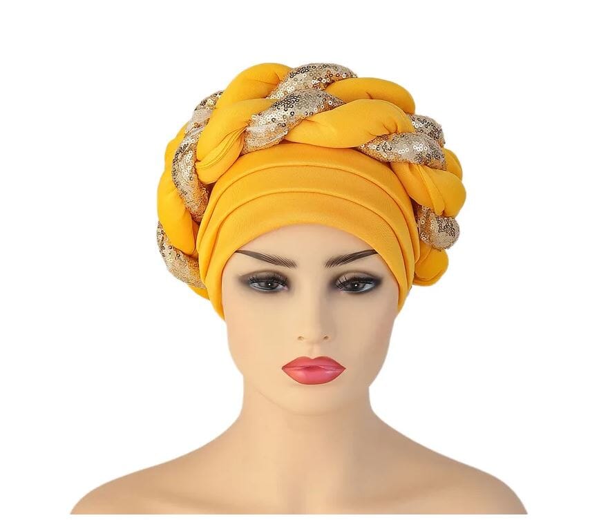 Women African Turban Sequins Scarf Beanie Cap Headwear Hat jehouze Yellow Gold