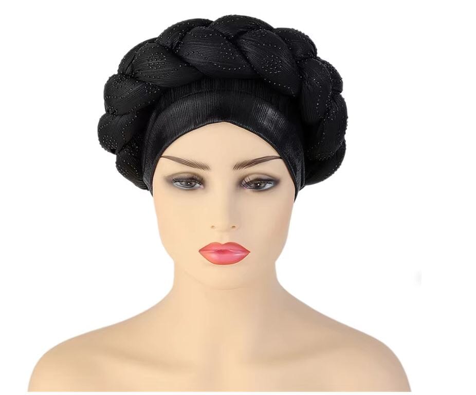 Women African Turban Twisted Rhinestone Headwear Hat jehouze Black