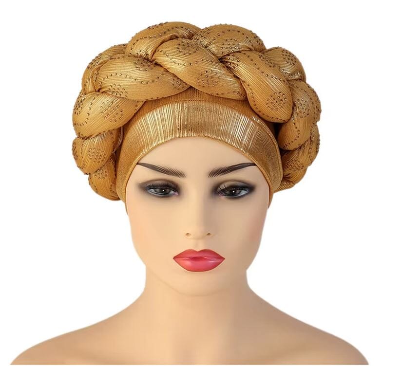Women African Turban Twisted Rhinestone Headwear Hat jehouze Gold