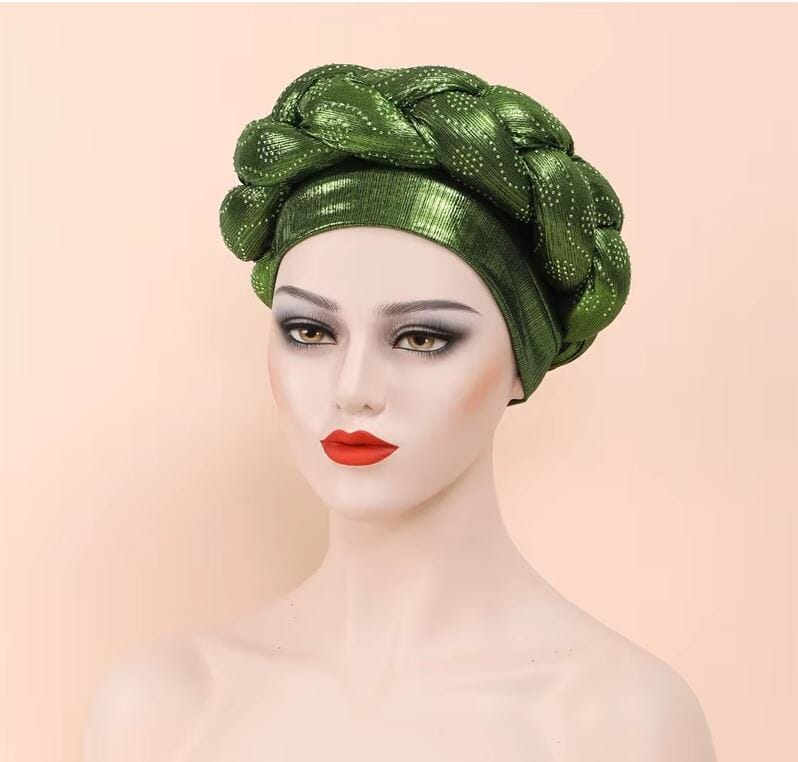 Women African Turban Twisted Rhinestone Headwear Hat jehouze Green