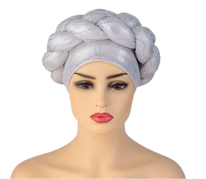 Women African Turban Twisted Rhinestone Headwear Hat jehouze Silver