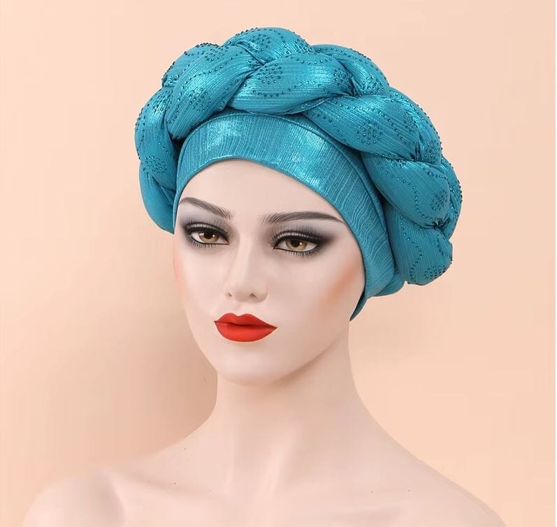 Women African Turban Twisted Rhinestone Headwear Hat jehouze Sky Blue