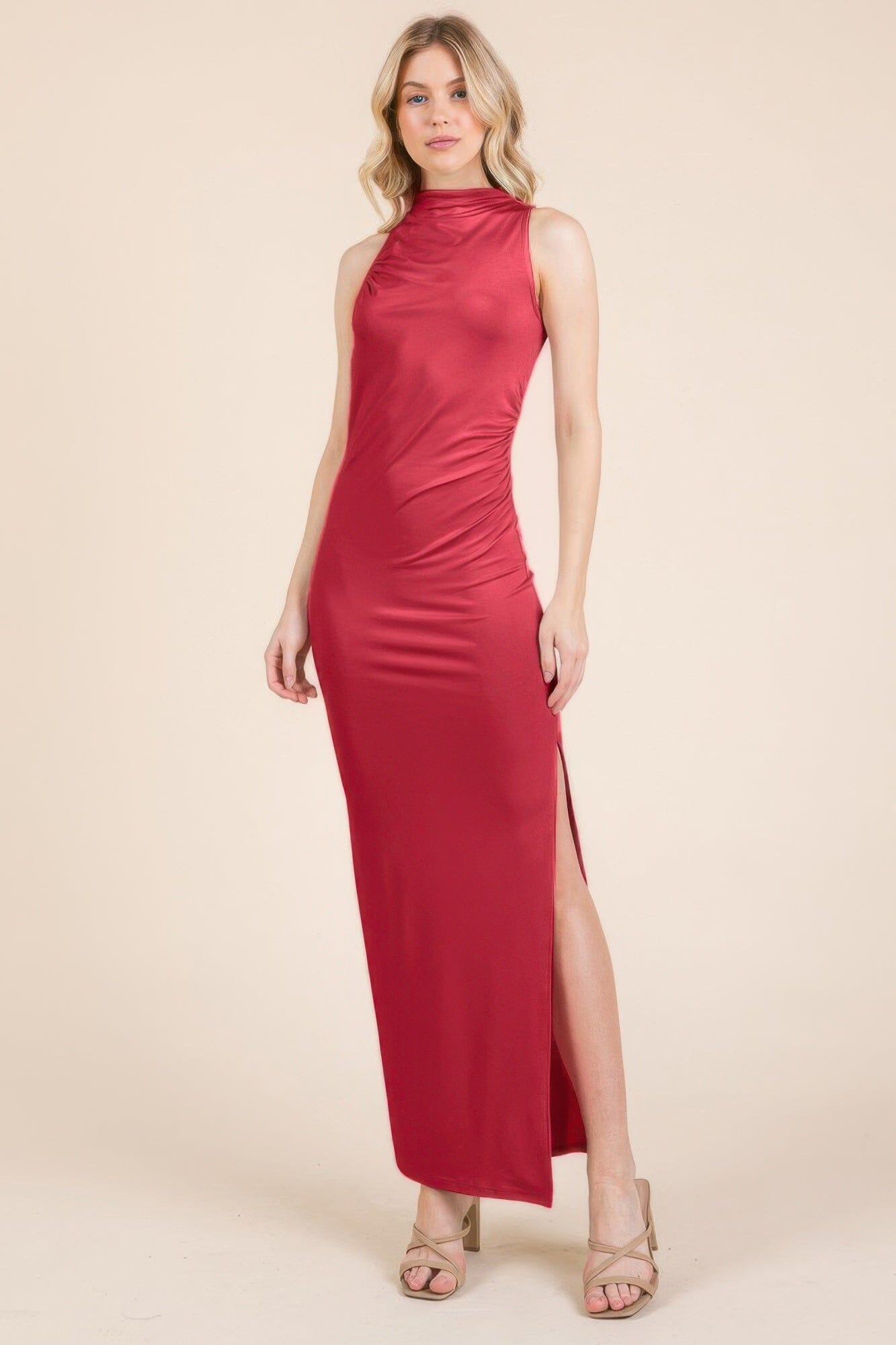 Women Back Cut Out Side Shirring Side Slit Maxi Dress Dresses jehouze Atlas Red S
