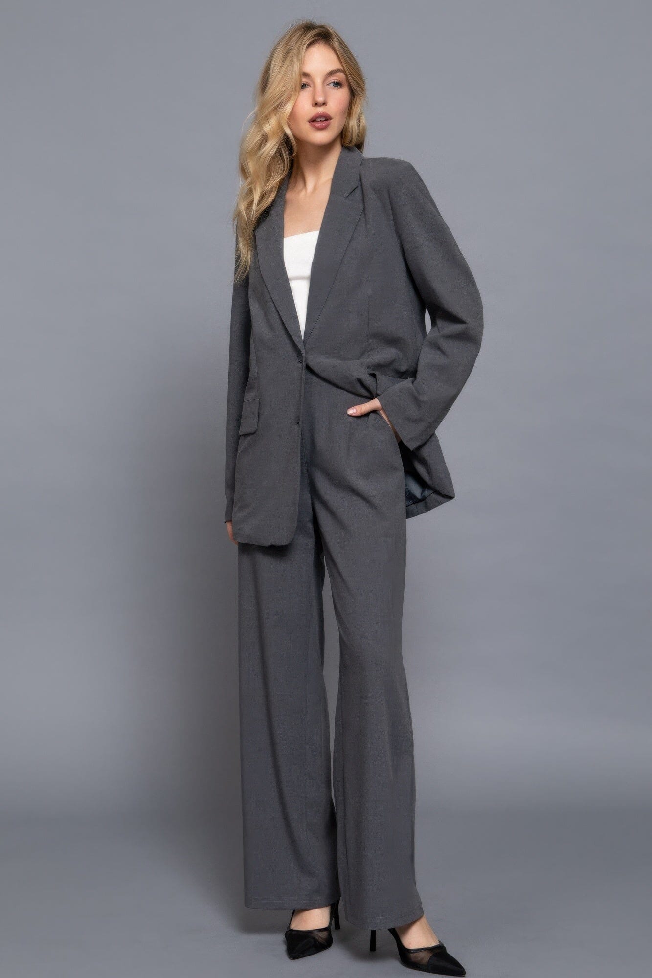 Women Back elastic straight woven long pants Pants jehouze Heather Charcoal S