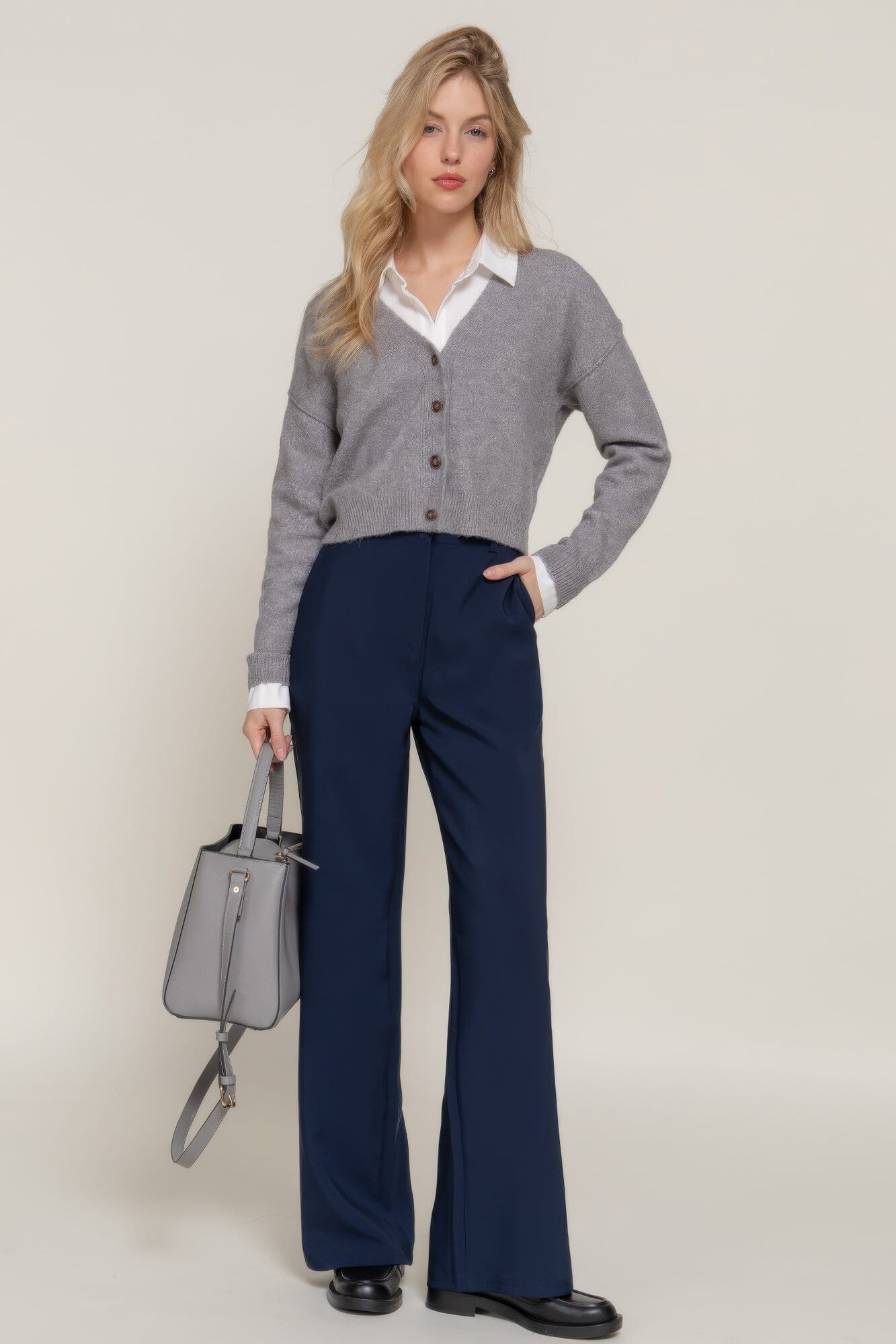 Women Back elastic straight woven long pants Pants jehouze Navy S