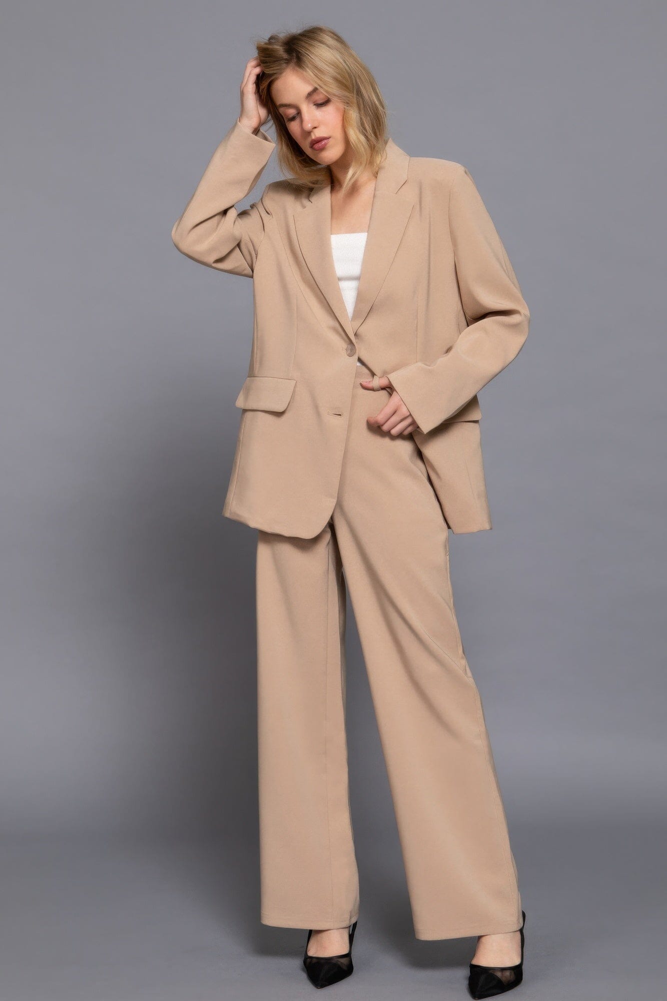 Women Back elastic straight woven long pants Pants jehouze Taupe S