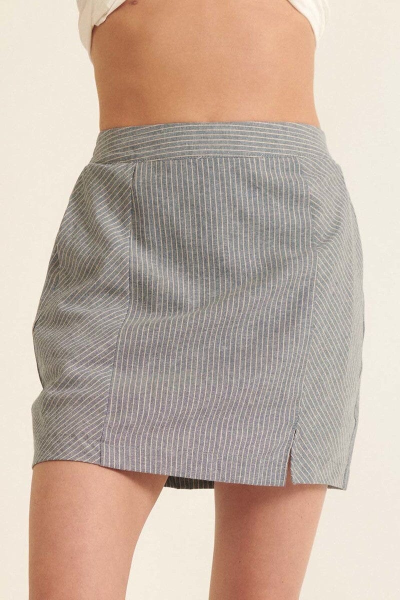 Women Banded Front Waist Pinstripe Mini Skirt Skirts jehouze