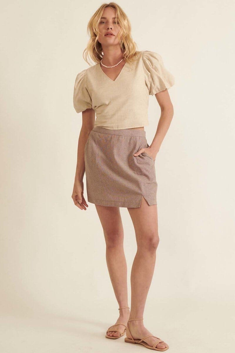 Women Banded Front Waist Pinstripe Mini Skirt Skirts jehouze Chocolate S