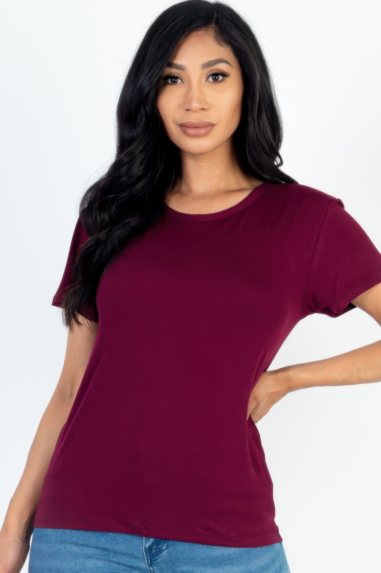 Women Basic Short Sleeve T-shirt Shirts & Tops jehouze Burgundy S