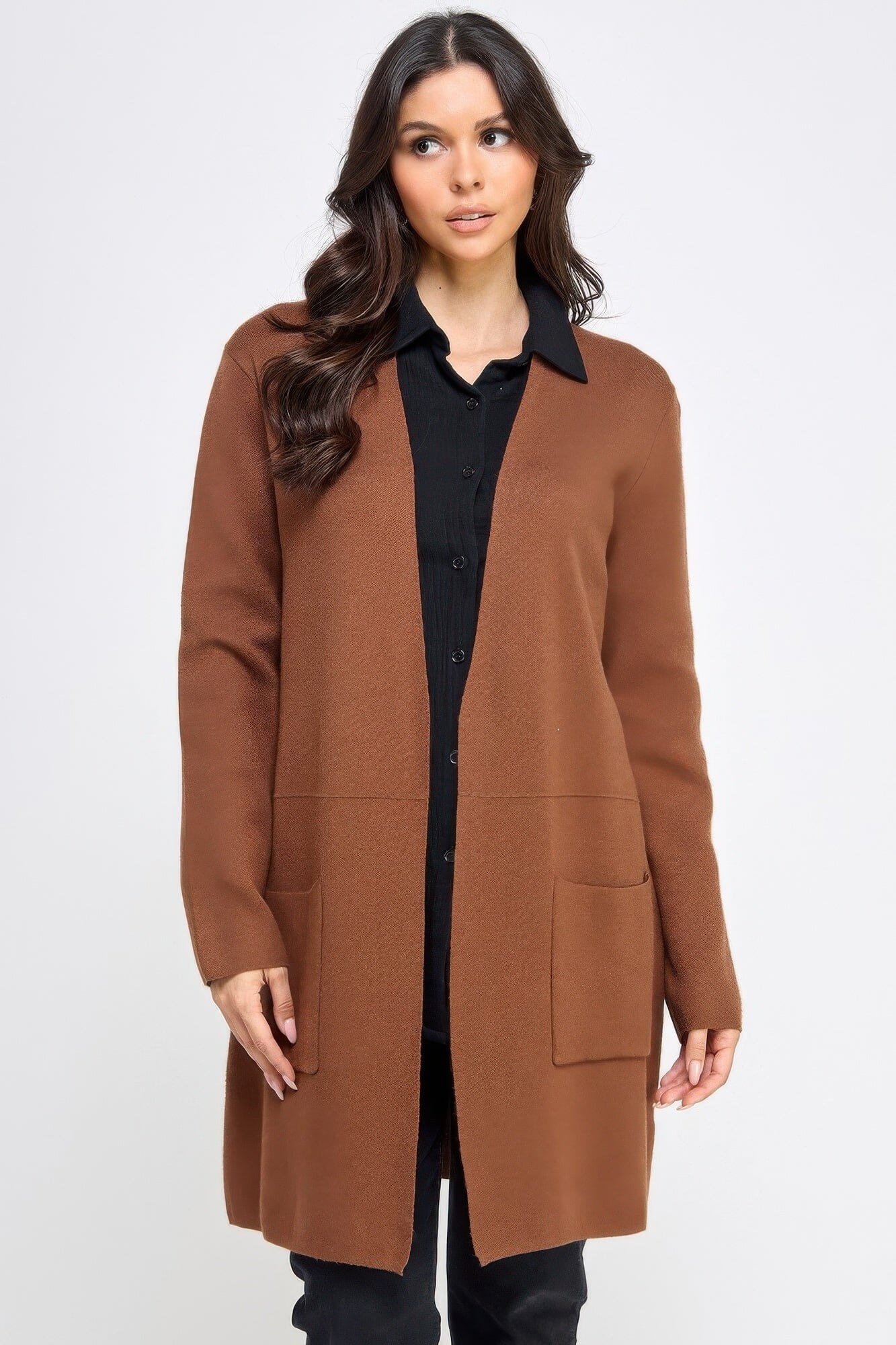 Women Basic Soft Long Line Open Front Sweater Cardigan Outerwear jehouze Brown S