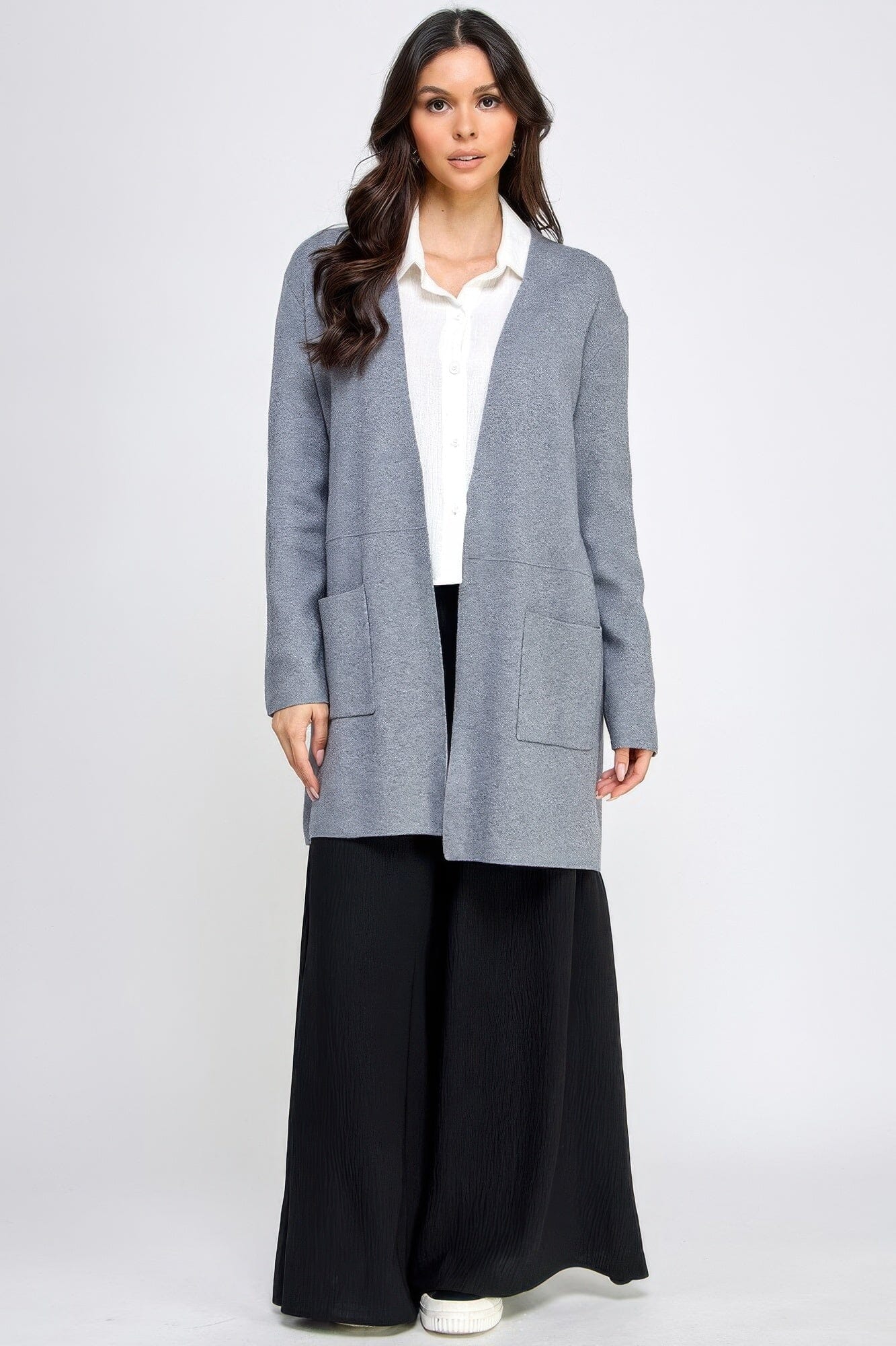 Women Basic Soft Long Line Open Front Sweater Cardigan Outerwear jehouze Grey S