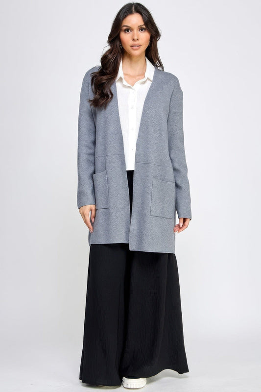 Women Basic Soft Long Line Open Front Sweater Cardigan Outerwear jehouze Grey S