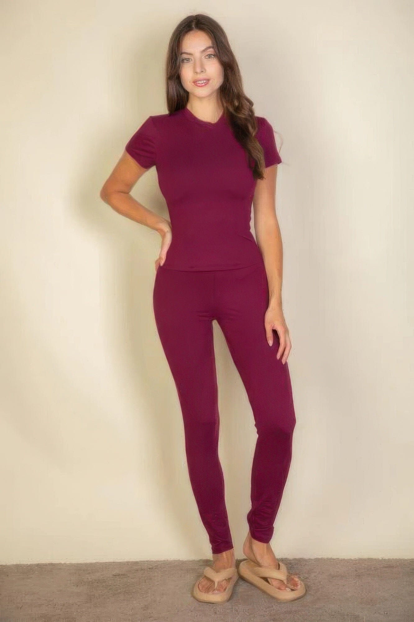Women Basic Solid Leggings Pants jehouze Burgundy S