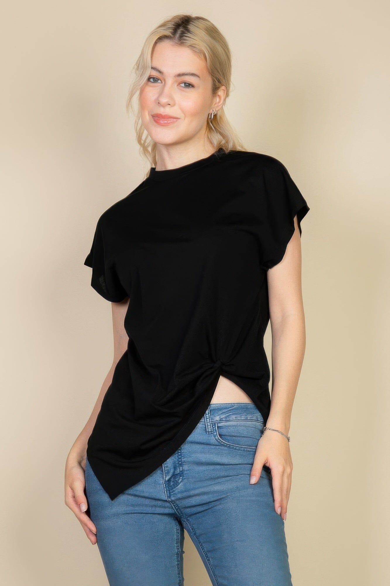 Women Batwing Sleeve Twist Front Tee Top Shirts & Tops jehouze Black S