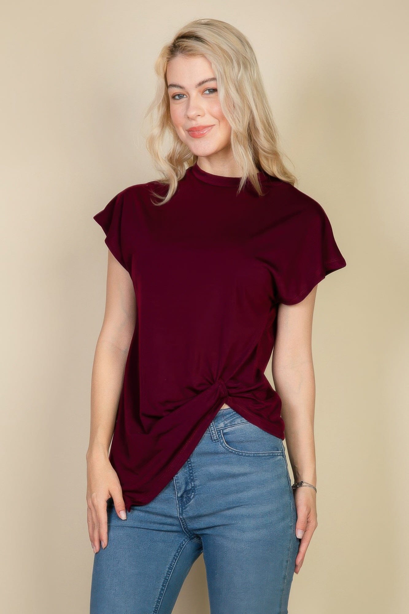 Women Batwing Sleeve Twist Front Tee Top Shirts & Tops jehouze Burgundy S