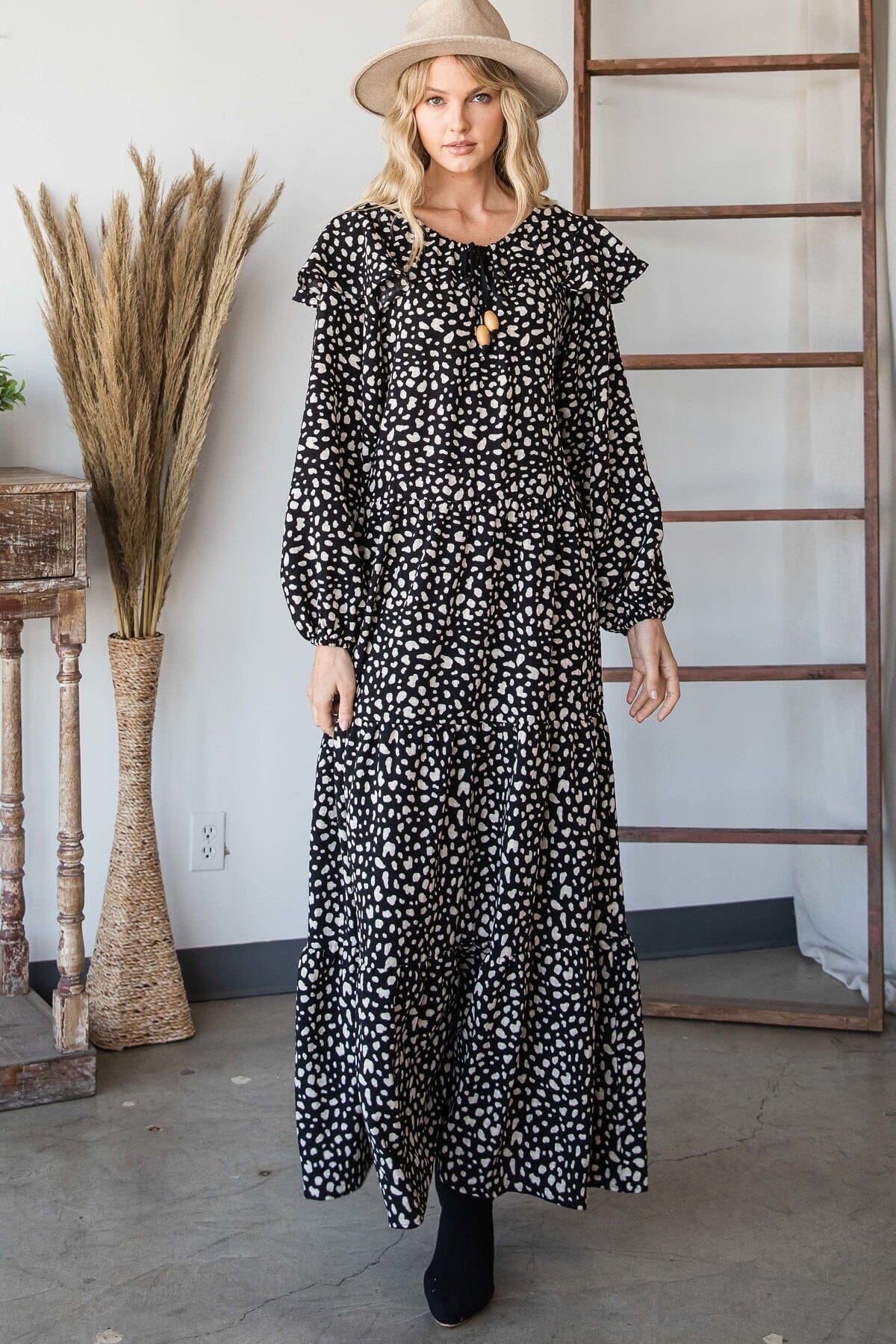 Women Bohemian Floral Long Sleeve Maxi Dress Dresses jehouze Black S