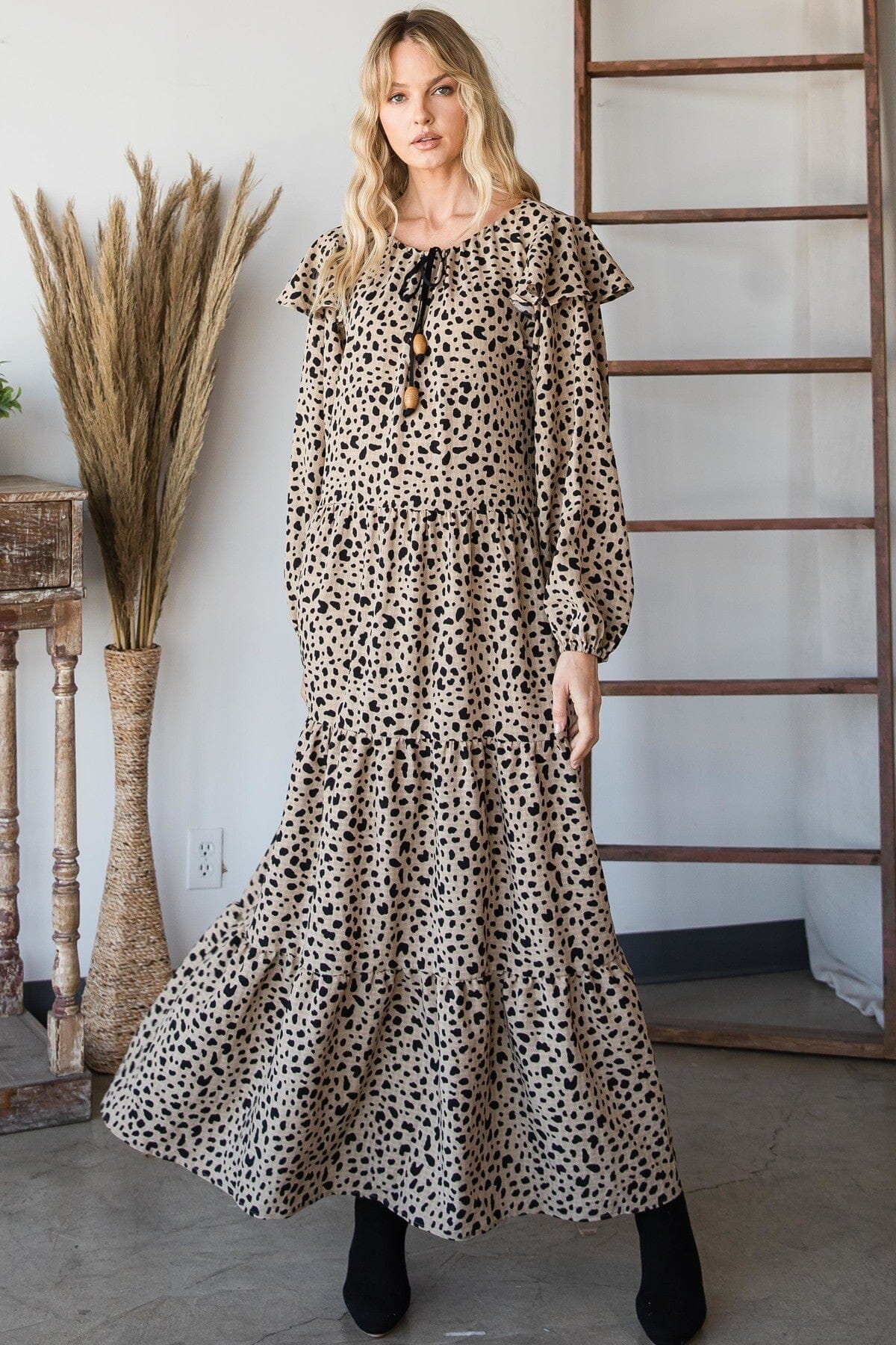 Women Bohemian Floral Long Sleeve Maxi Dress Dresses jehouze Dark Mocha S