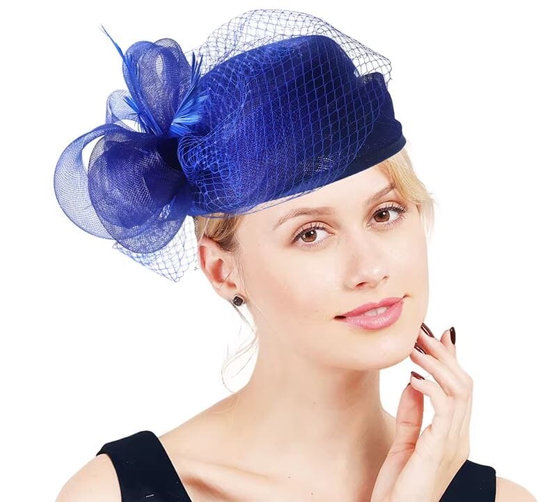 Women Bridal Wedding Hats Fascinator Church Cocktail Feather Veil Headdress Derby Cap Hat jehouze Royal Blue