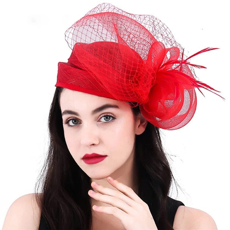 Women Bridal Wedding Hats Fascinator Church Cocktail Feather Veil Headdress Derby Cap Hat jehouze SYF404-1 red