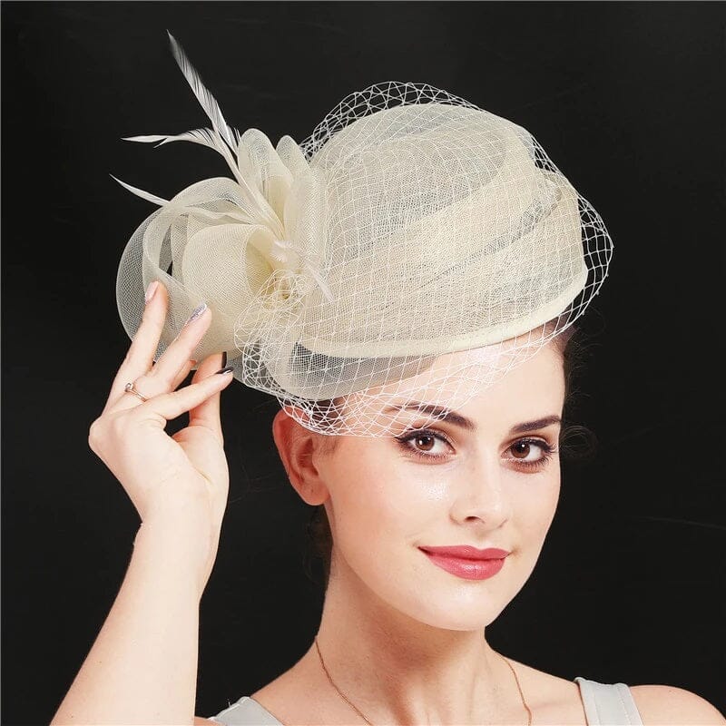 Women Bridal Wedding Hats Fascinator Church Cocktail Feather Veil Headdress Derby Cap Hat jehouze SYF404-2 ivory