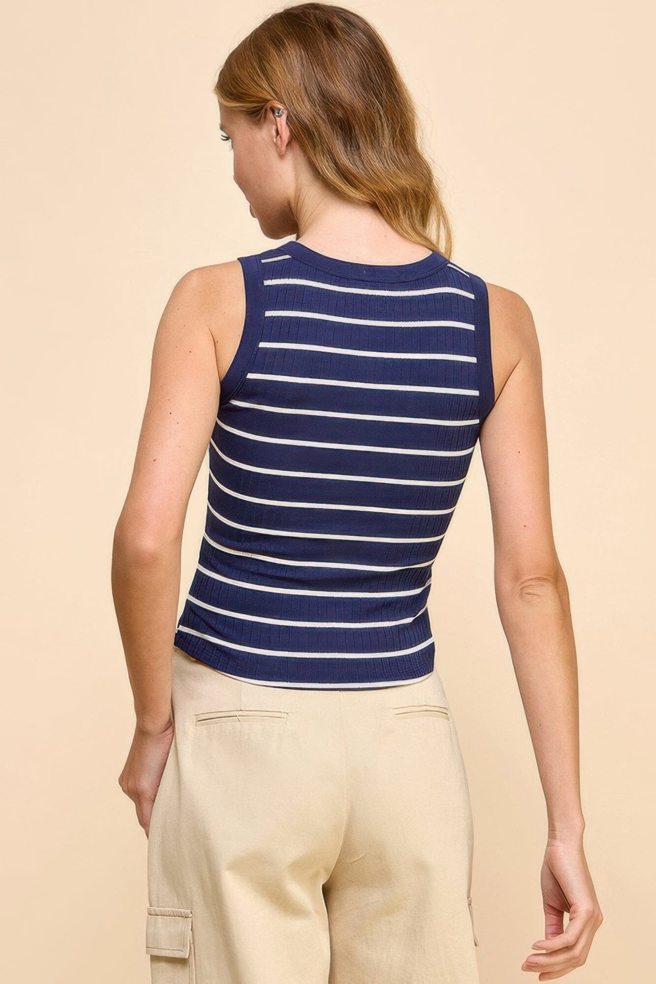 Women Button Detail Contrast Binding Stripe Tank Top Shirts & Tops jehouze