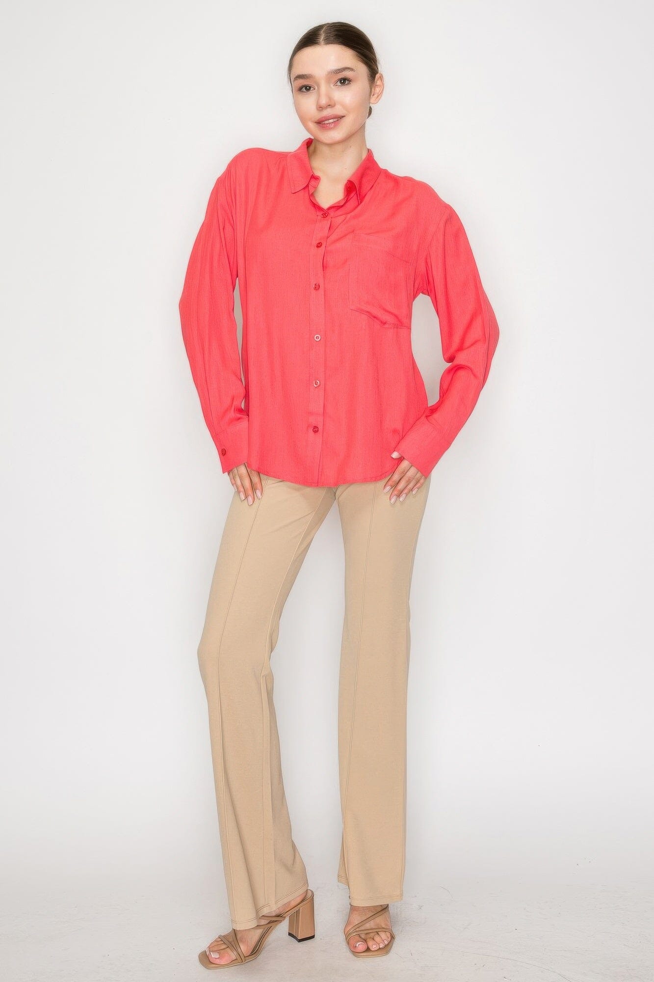 Women Button Down Collared Linen Shirt Shirts & Tops jehouze