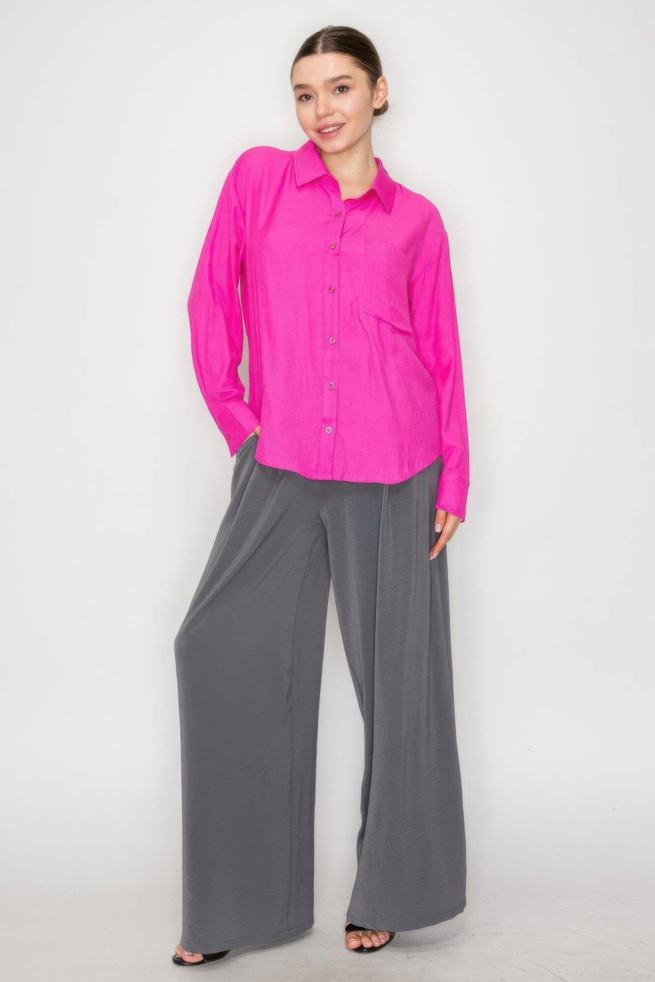 Women Button Down Collared Linen Shirt Shirts & Tops jehouze