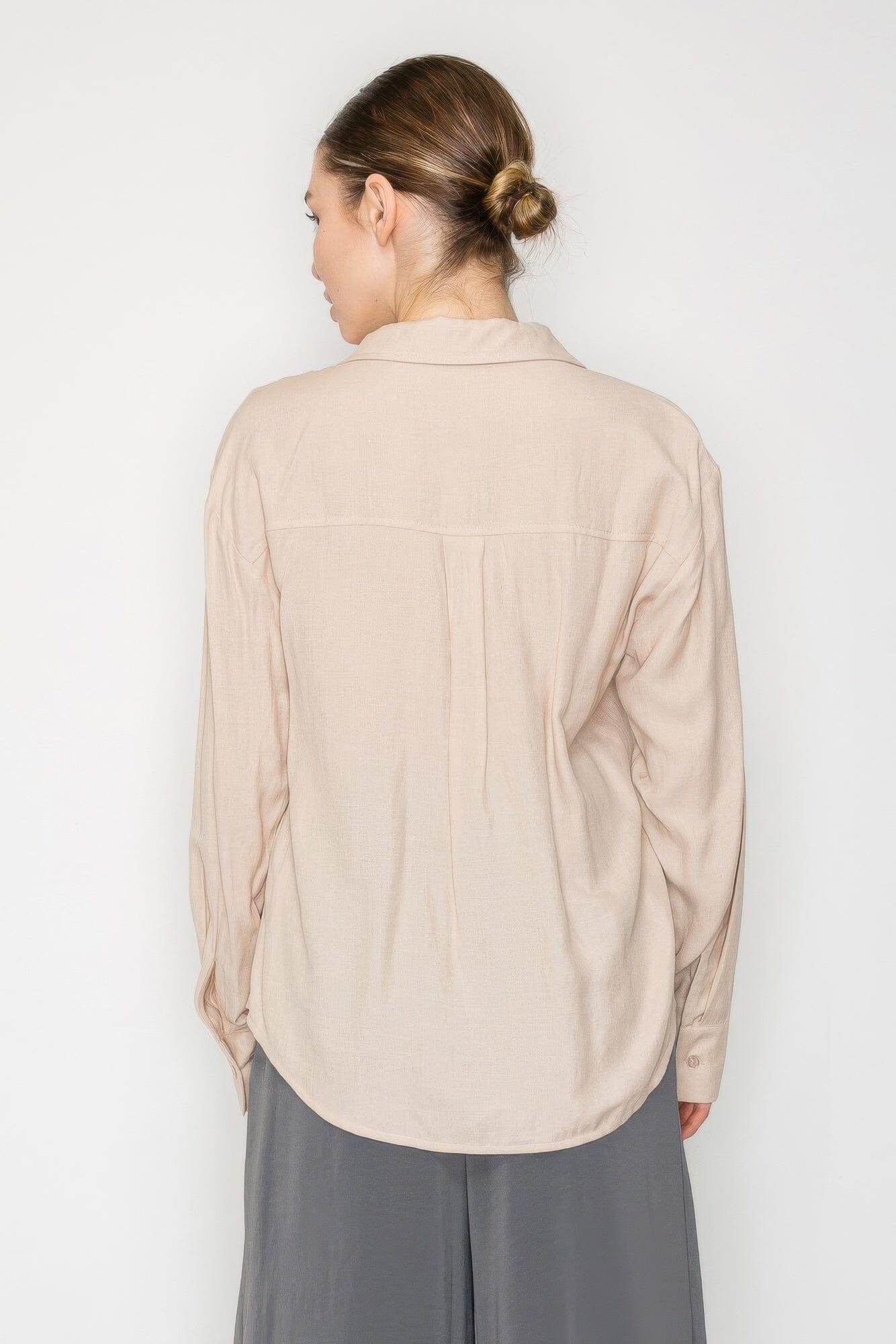 Women Button Down Collared Linen Shirt Shirts & Tops jehouze