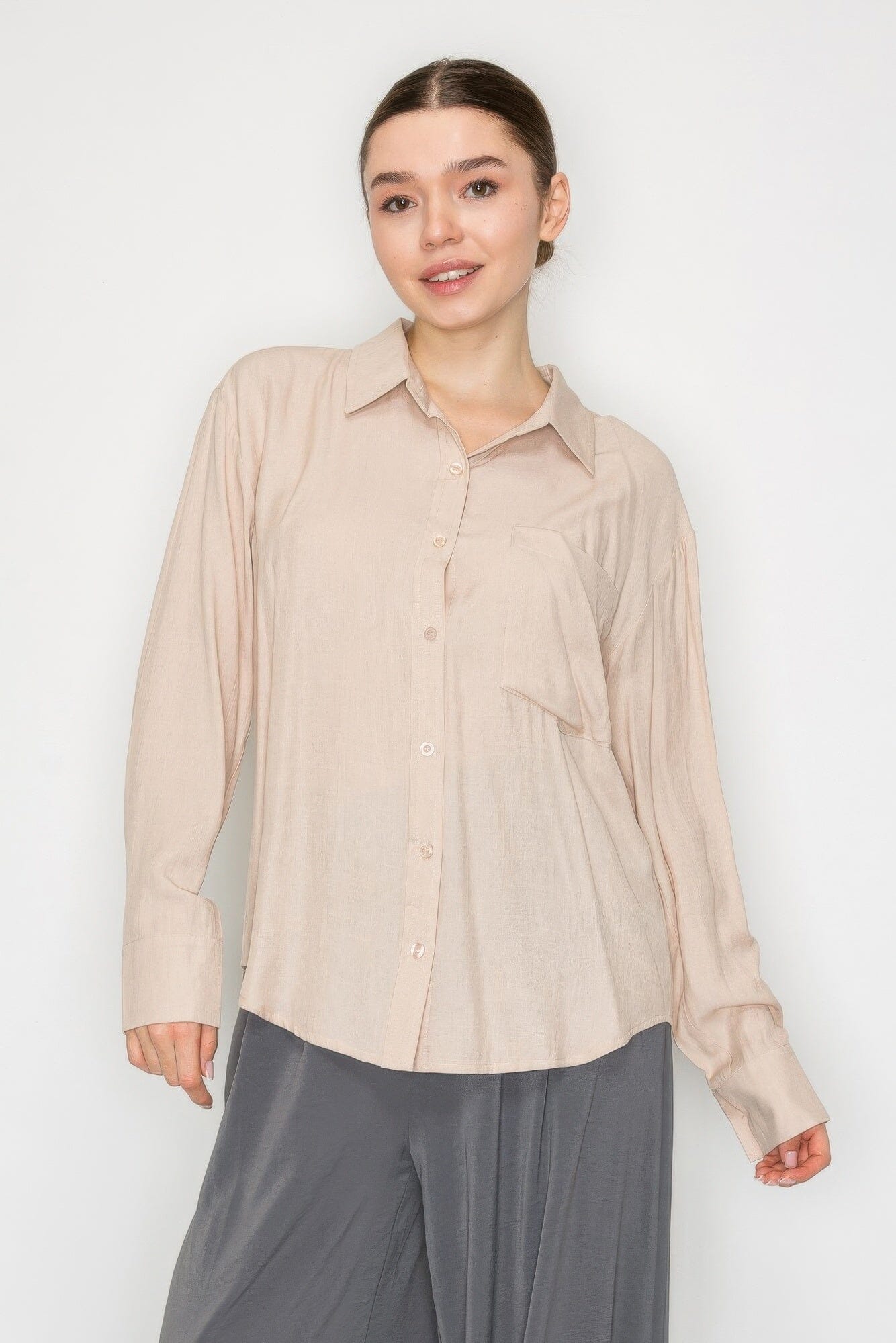 Women Button Down Collared Linen Shirt Shirts & Tops jehouze Beige S