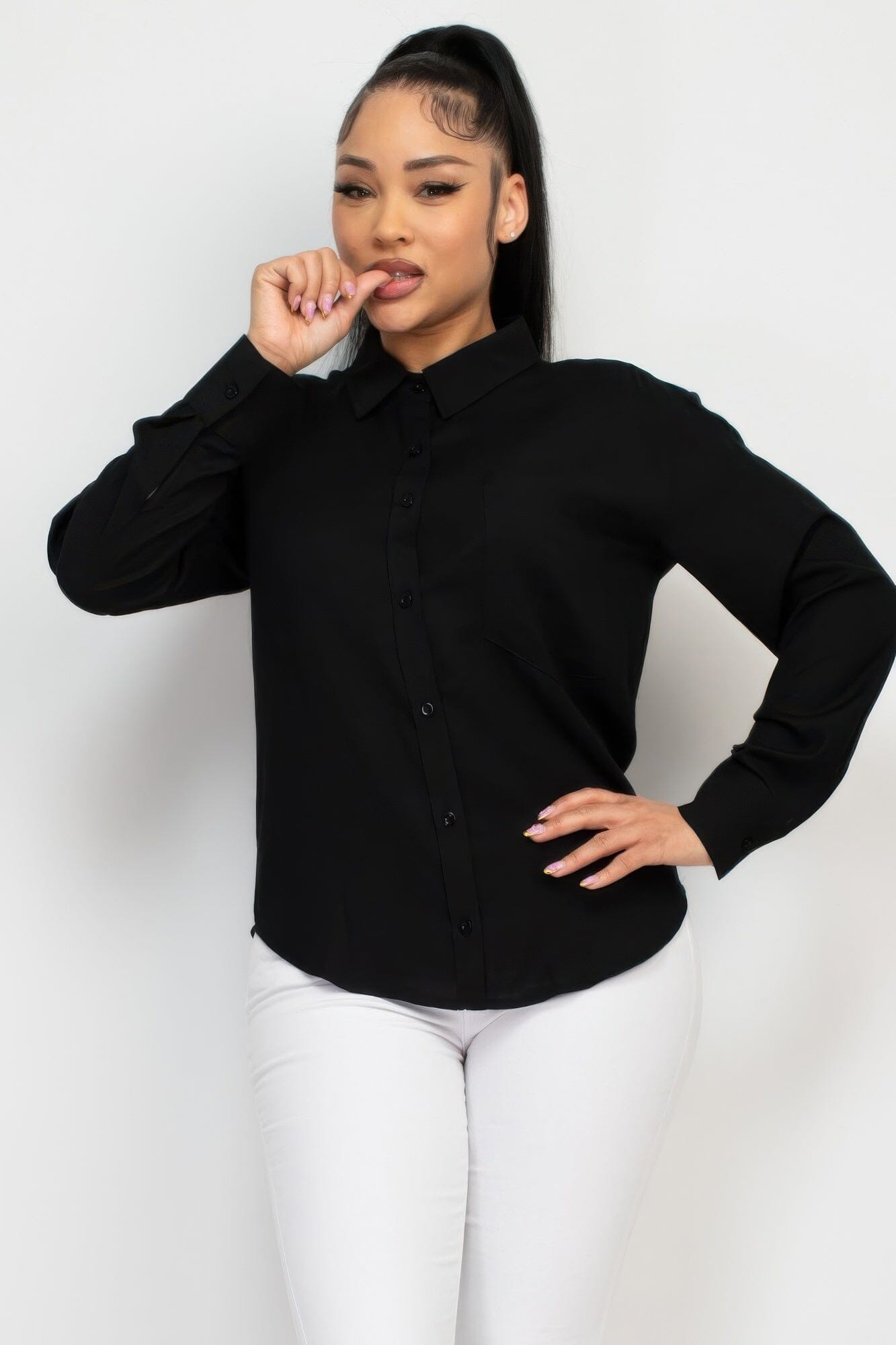 Women Button Down Collared Linen Shirt Shirts & Tops jehouze Black S